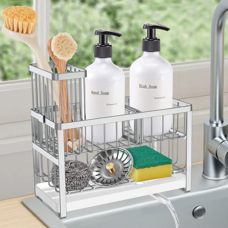 Sinnsally Kitchen Sponge Holder,2 Tier Sink Caddy Organizer with High Brush Holder,Stainless Steel Sink Box Dish Scrubber Holder,Soap Tray for Kitchen Counter Accessories & Storage Rack (Silver) - Image 1